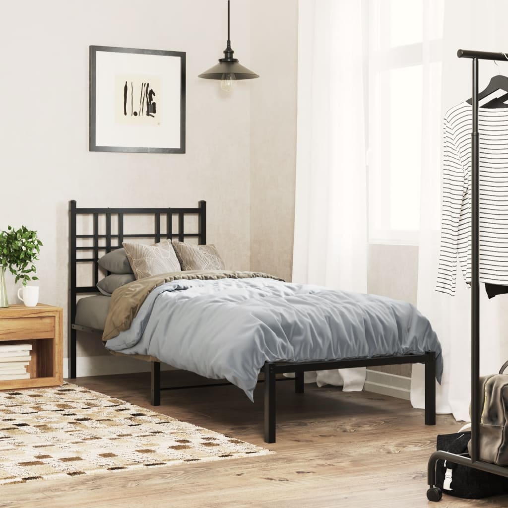 Black Metal Bed Frame with Headboard, 75x190cm - No Mattress Included