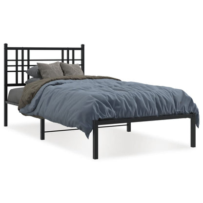 Black Metal Bed Frame with Headboard, 90x190cm - No Mattress