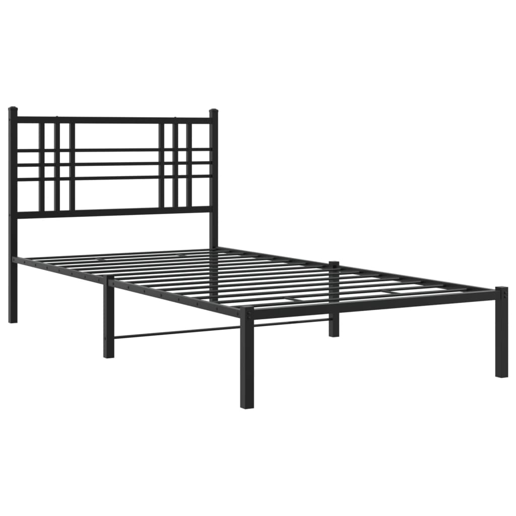 Black Metal Bed Frame with Headboard - 90x200cm, No Mattress