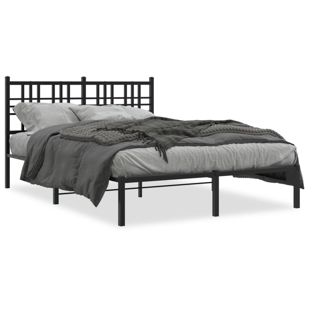 Black Metal Bed Frame with Headboard - 135x190cm Sturdy Design