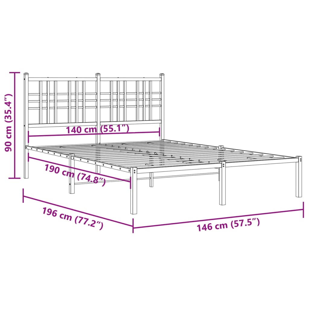 Black Metal Bed Frame with Headboard - 140x190cm Sturdy Design