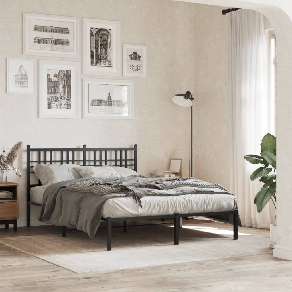 Black Metal Bed Frame with Headboard, 140x200cm, No Mattress Included