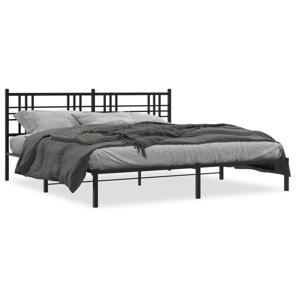 Black Metal Bed Frame with Headboard - 200x200cm (Mattress Not Included)