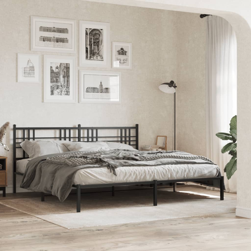 Black Metal Bed Frame with Headboard - 200x200cm (Mattress Not Included)