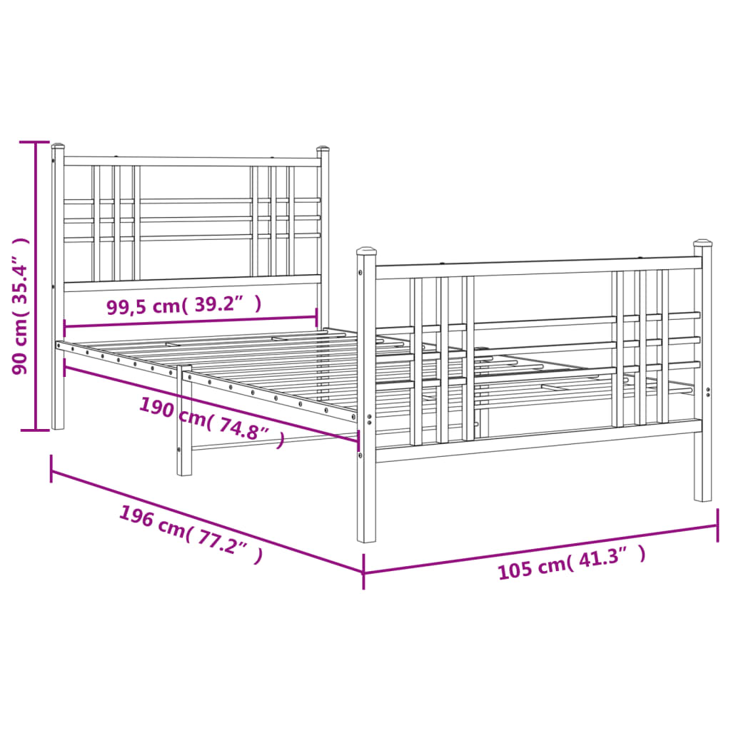 Black Metal Bed Frame with Footboard, No Mattress, 100x190cm
