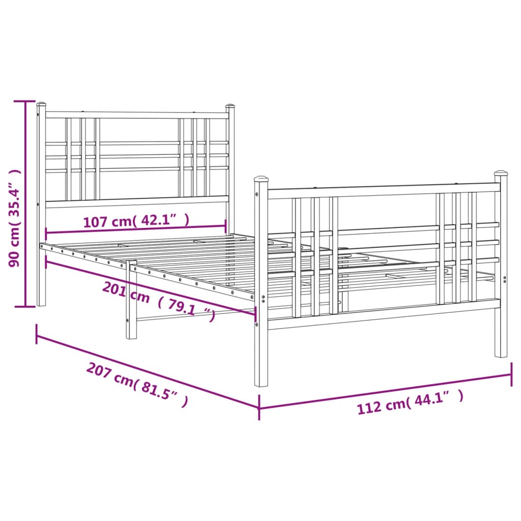 Sleek Black Metal Bed Frame with Footboard, 107x203cm - No Mattress