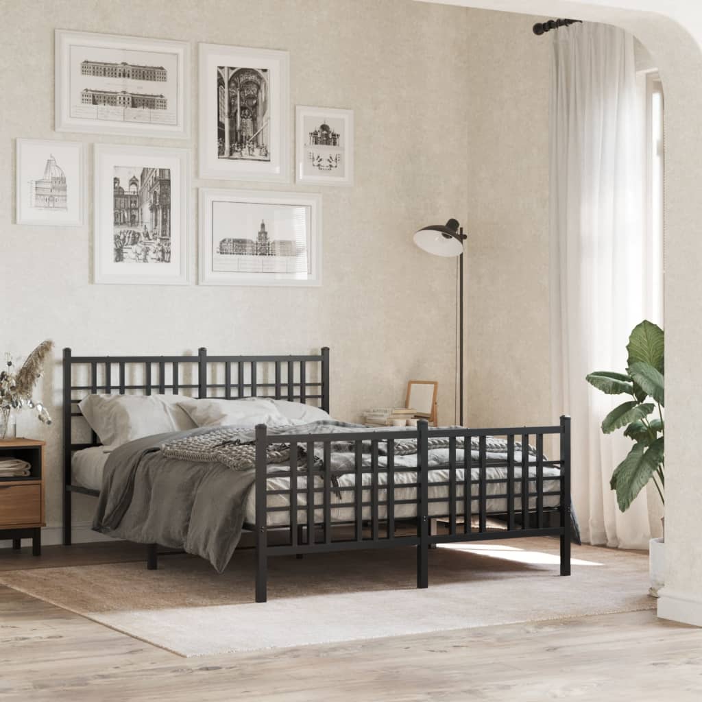 Black Metal Bed Frame with Footboard, 140x200cm (Mattress Not Included)