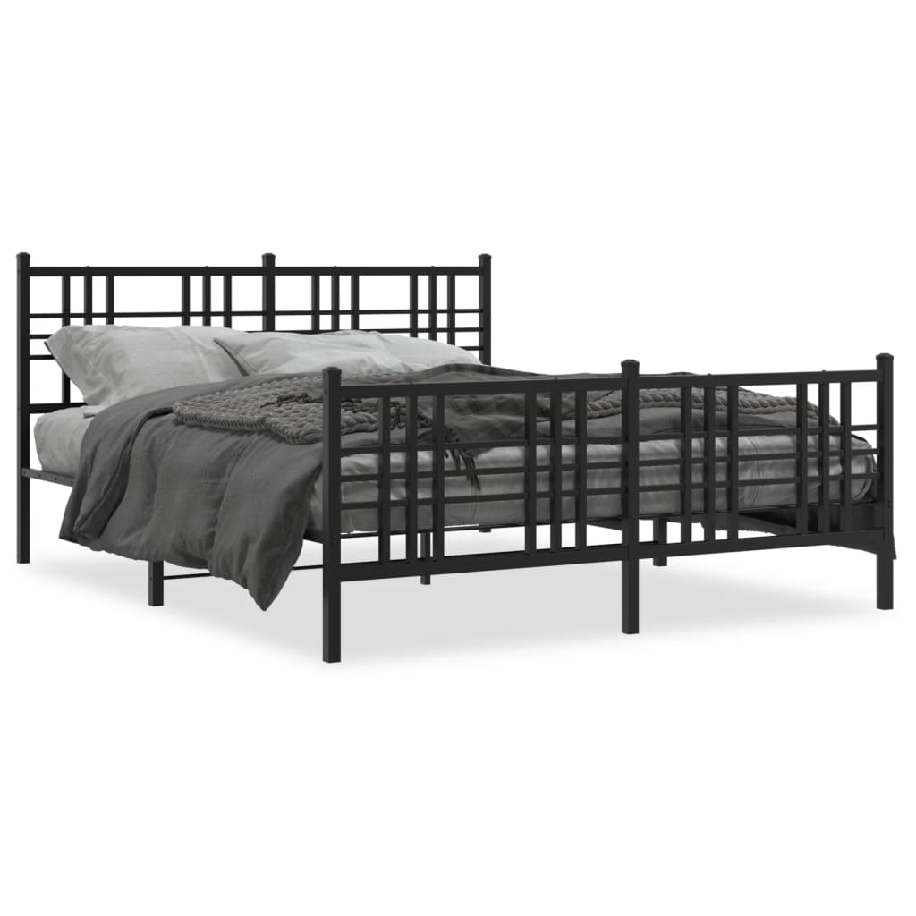 Black Metal Bed Frame with Footboard, 150x200cm, No Mattress