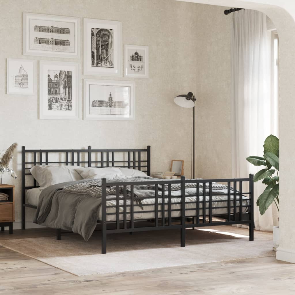 Black Metal Bed Frame with Footboard, 150x200cm, No Mattress
