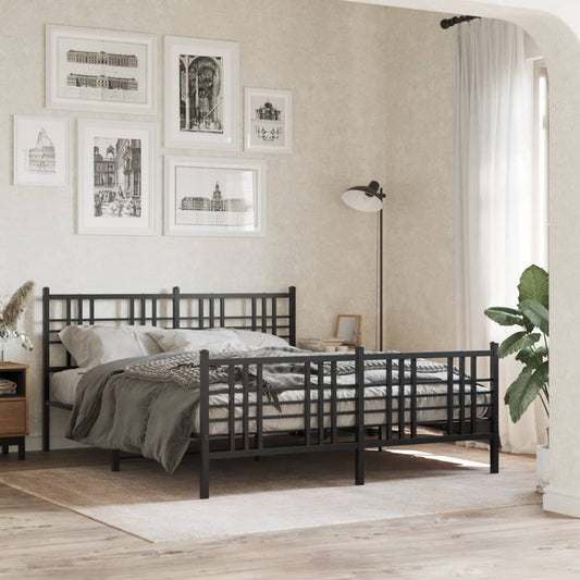 Black Metal Bed Frame with Footboard, 150x200cm, No Mattress