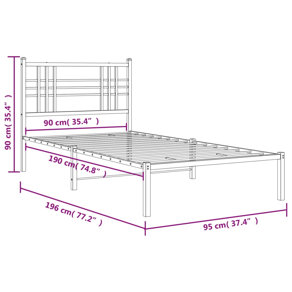 White Metal Bed Frame with Headboard 90x190cm - No Mattress