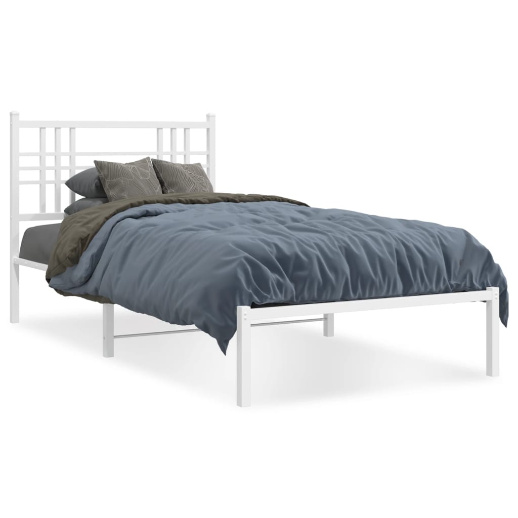 White Metal Bed Frame with Headboard - 107x203cm, No Mattress Included