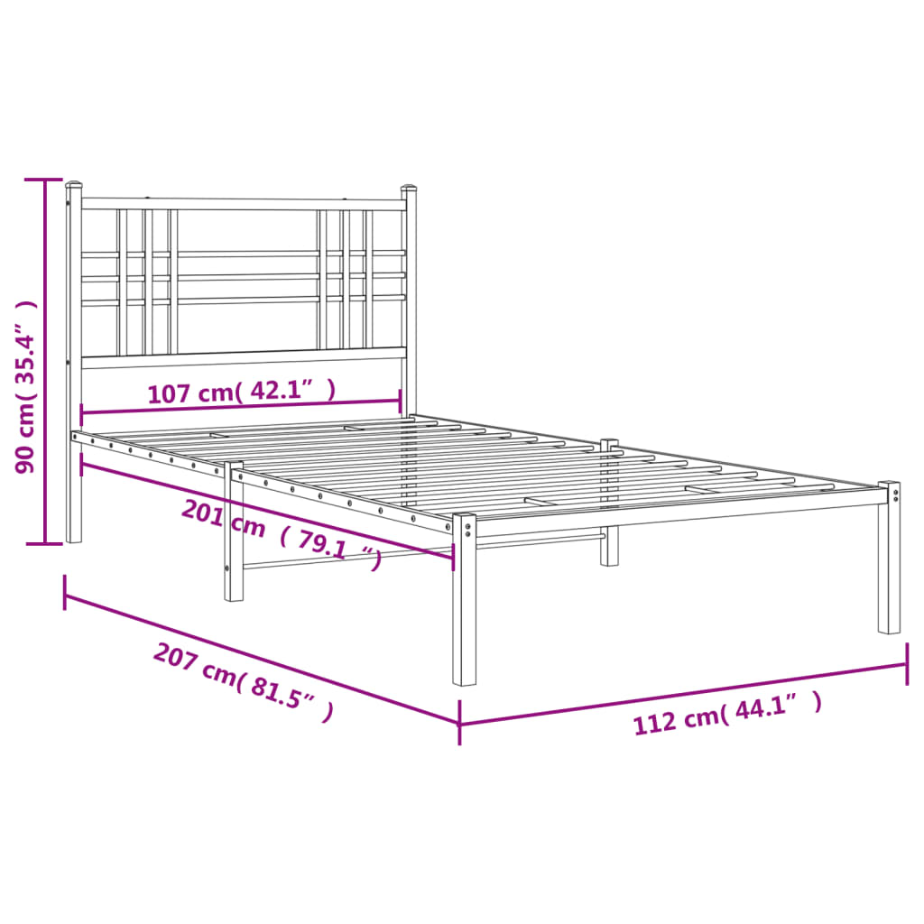 White Metal Bed Frame with Headboard - 107x203cm, No Mattress Included