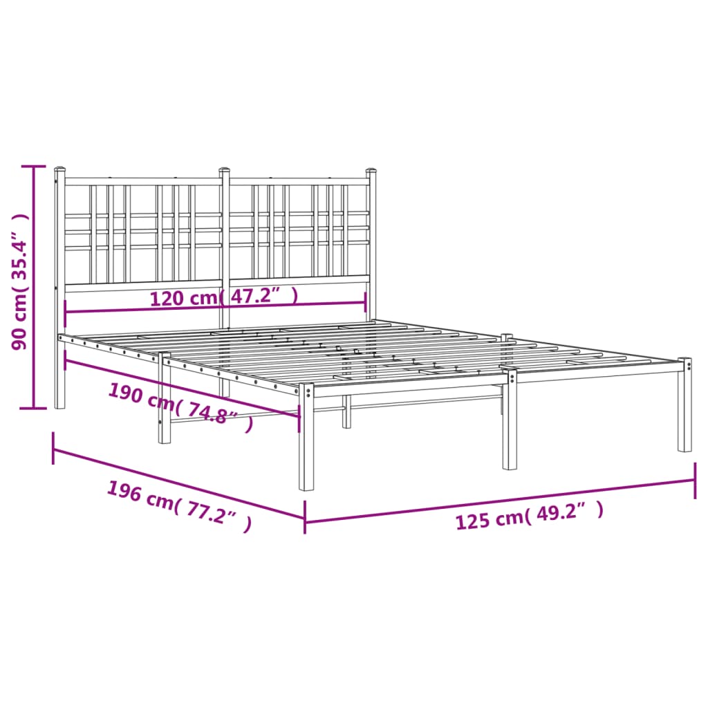 White Metal Bed Frame with Headboard, 120x190cm - No Mattress