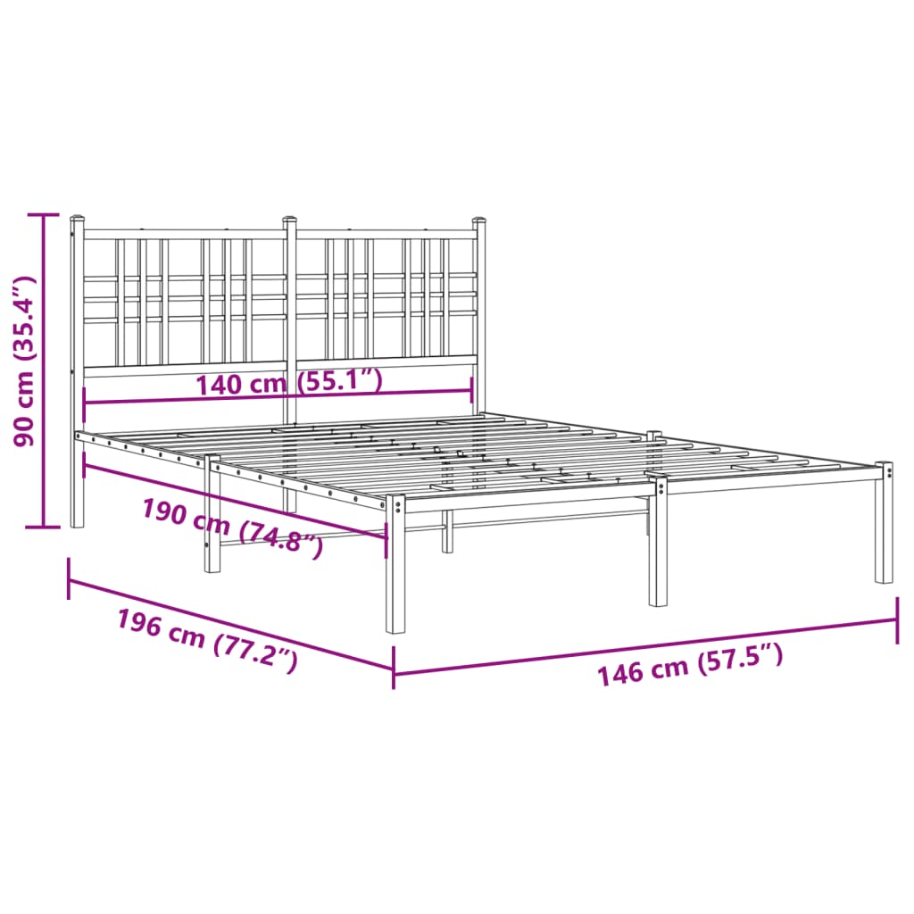 White Metal Bed Frame with Headboard 140x190cm - No Mattress Included