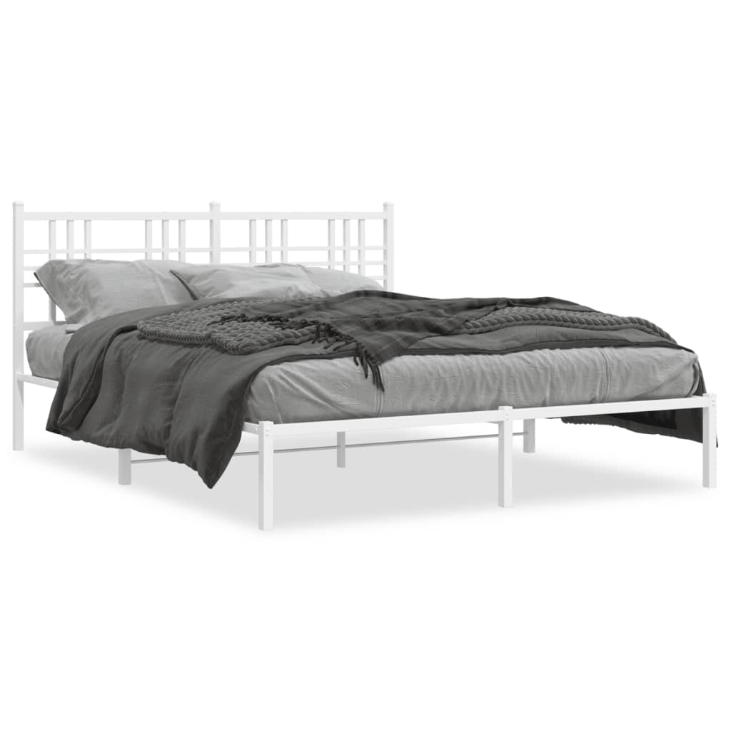 White Metal Bed Frame with Headboard - 160x200cm, Sturdy Design