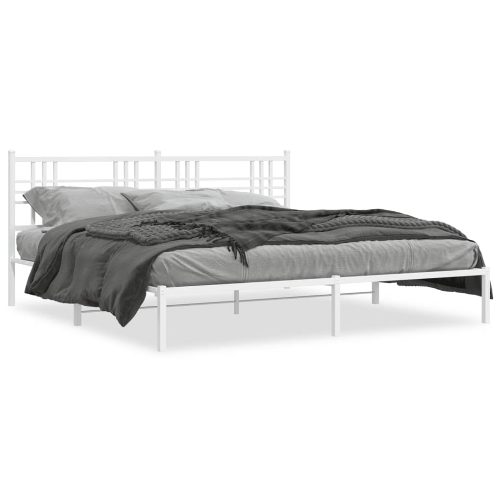 White Metal Bed Frame with Headboard, 183x213cm, No Mattress