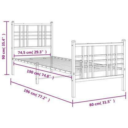 White Metal Bed Frame with Footboard, No Mattress, 75x190cm
