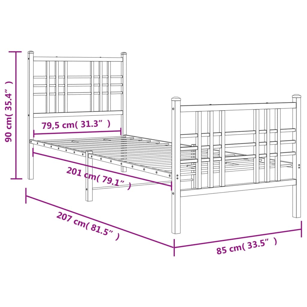 White Metal Bed Frame with Footboard, 80x200cm, No Mattress