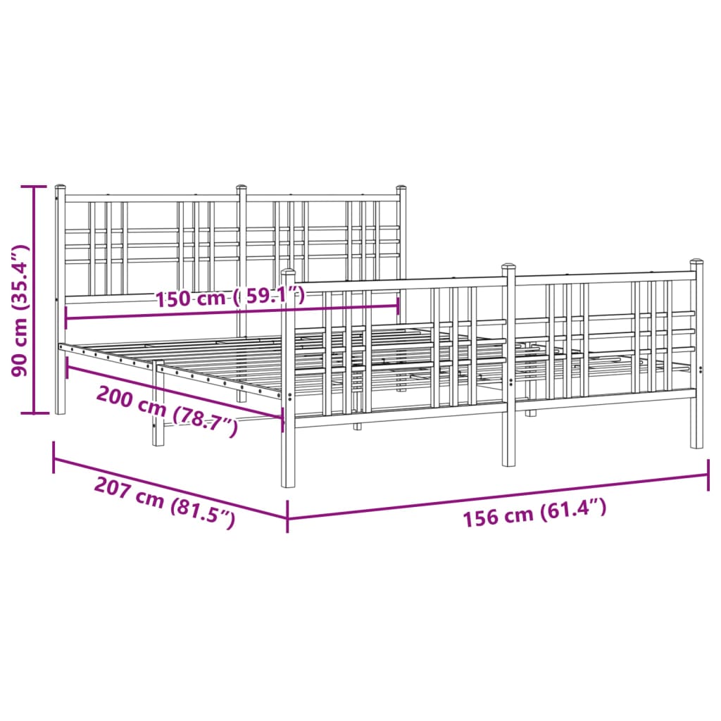 White Metal Bed Frame with Footboard - 150x200cm, No Mattress
