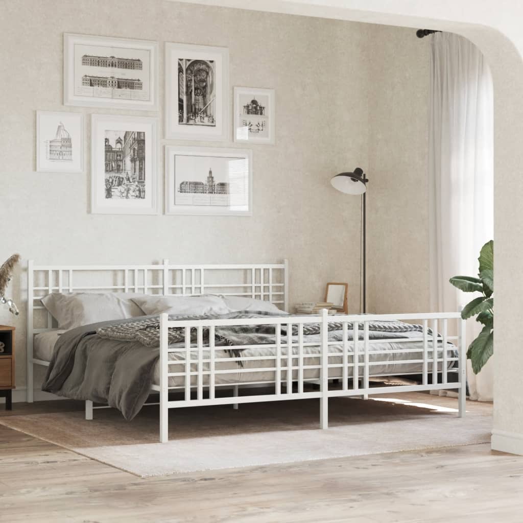 White Metal Bed Frame with Footboard, 193x203cm, Sturdy Design