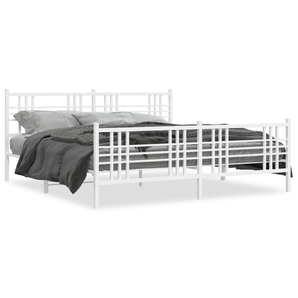 White Metal Bed Frame with Footboard, 200x200cm - No Mattress Included