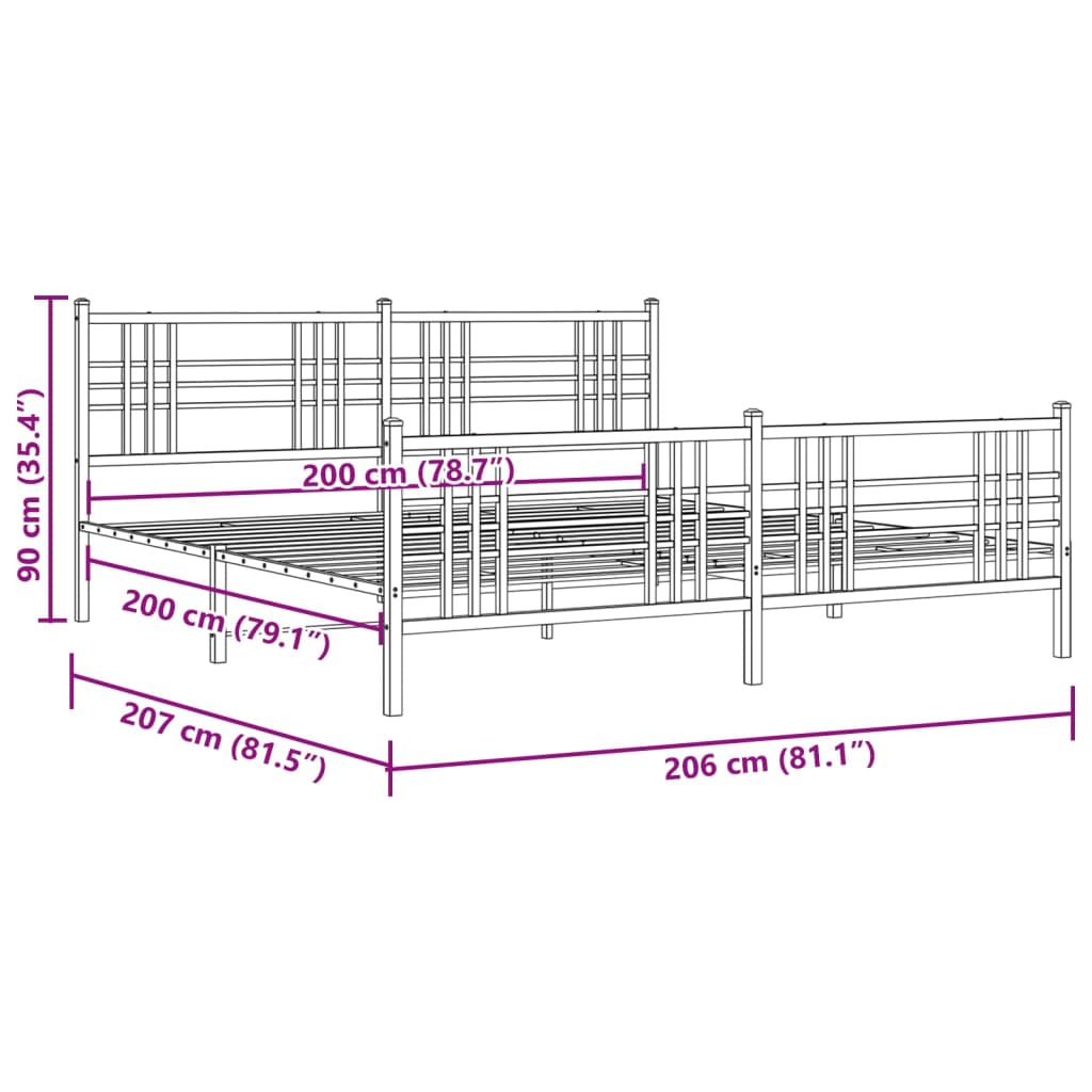 White Metal Bed Frame with Footboard, 200x200cm - No Mattress Included