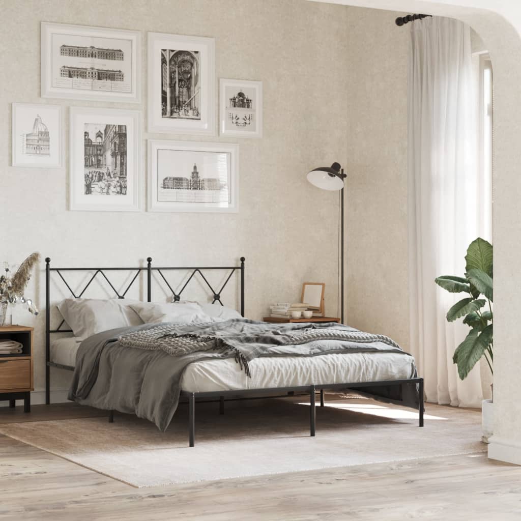 Black Metal Bed Frame with Headboard 135x190cm, No Mattress