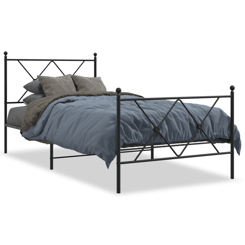 Black Metal Bed Frame with Footboard - 90x200cm, No Mattress