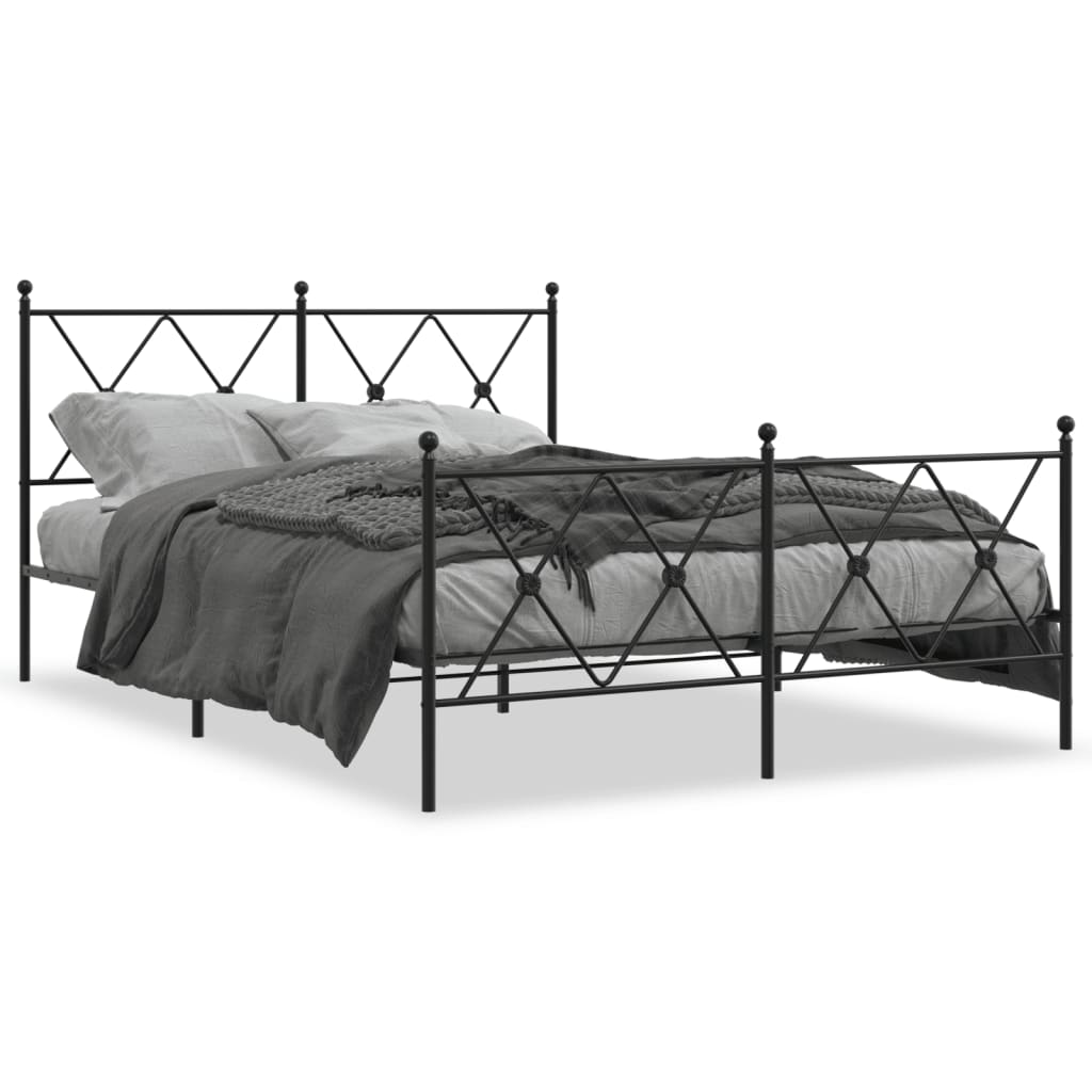 Black Metal Bed Frame with Footboard - 140x190cm, No Mattress