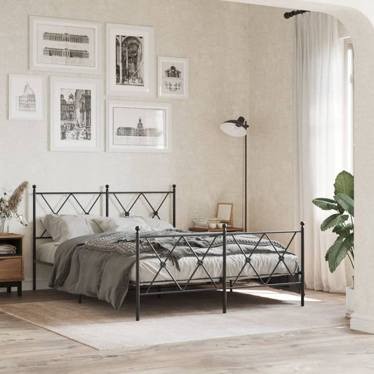 Black Metal Bed Frame with Footboard - 140x190cm, No Mattress