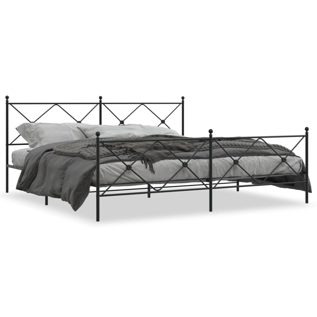 Black Metal Bed Frame with Footboard - 200x200cm, No Mattress