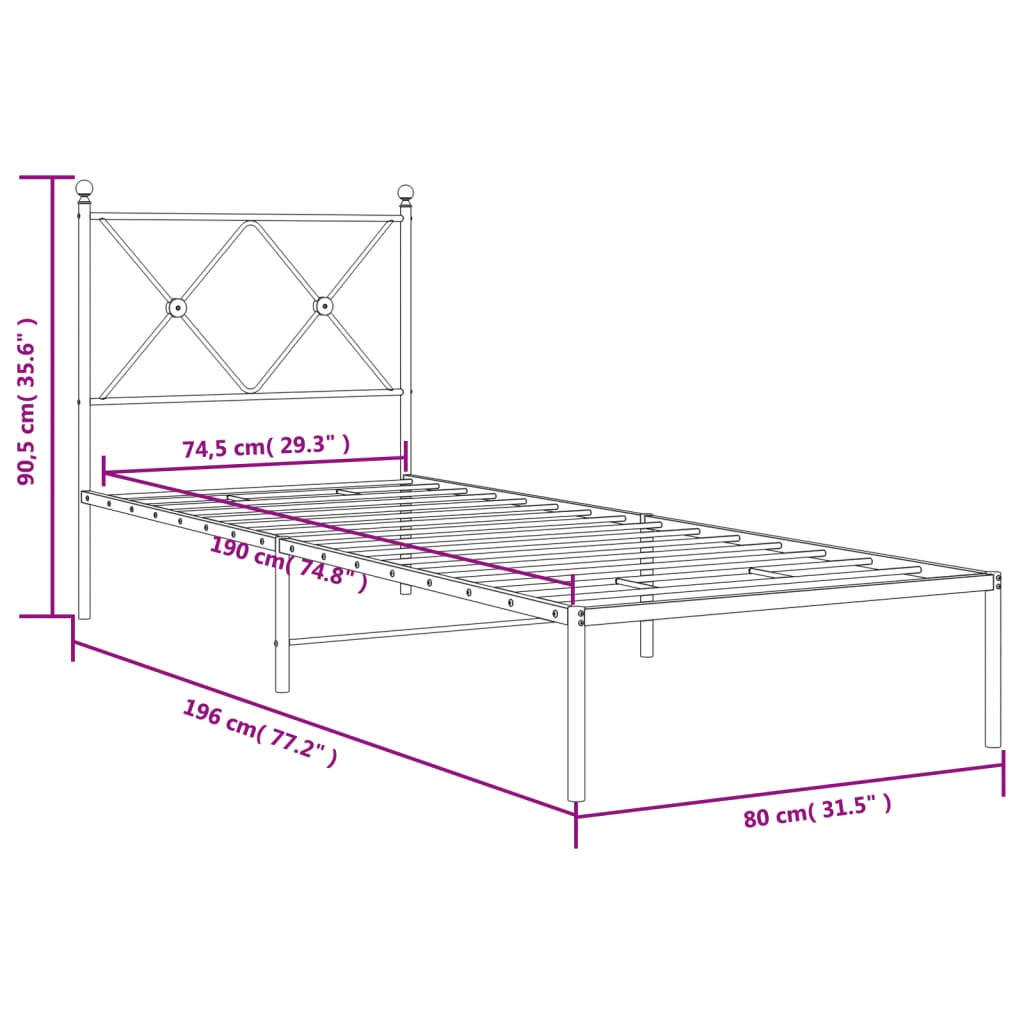White Metal Bed Frame with Headboard - 75x190cm, No Mattress Included