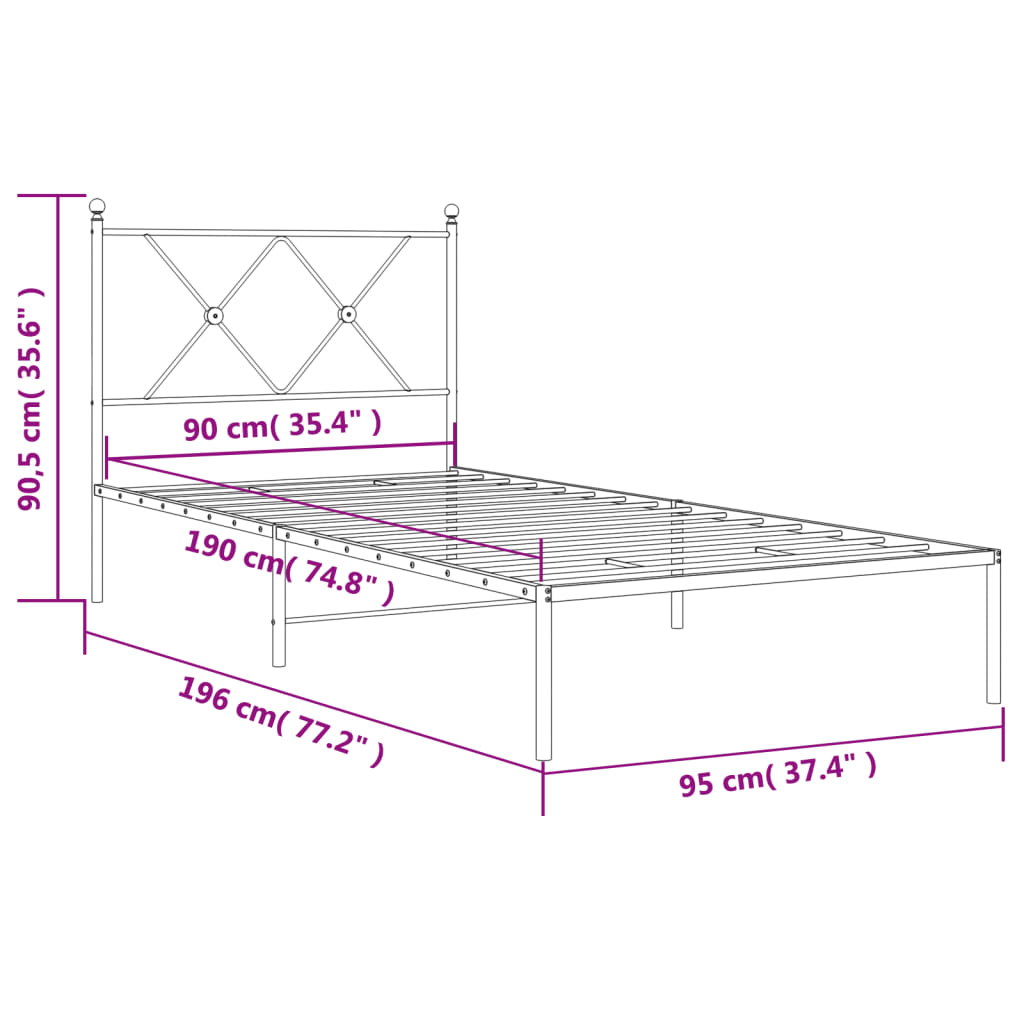 White Metal Bed Frame with Headboard 90x190cm - No Mattress