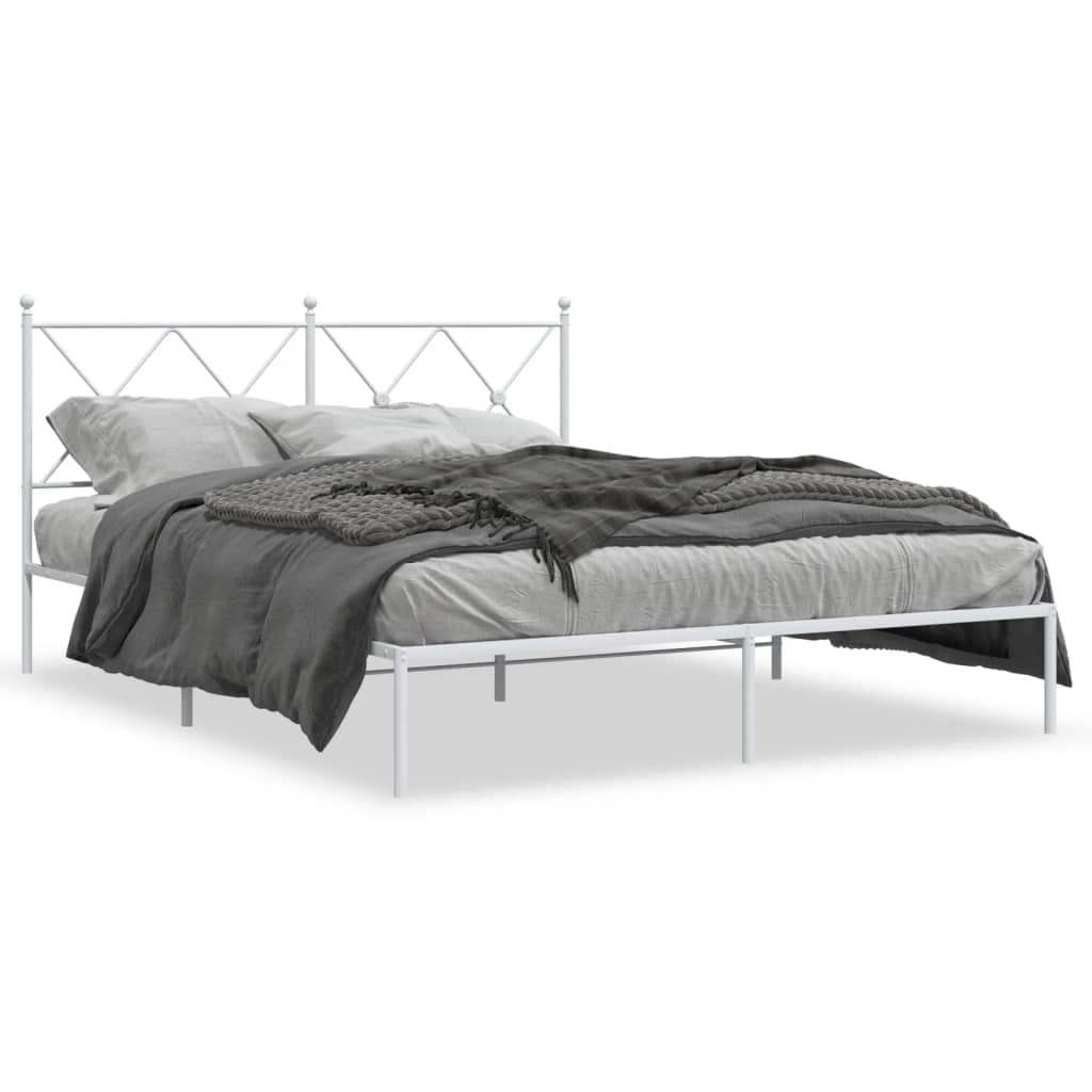 White Metal Bed Frame with Headboard, 150x200cm - Sturdy & Stylish