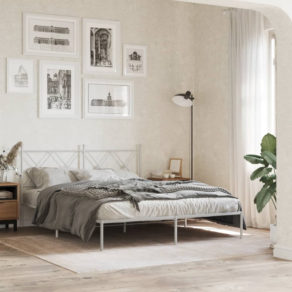 White Metal Bed Frame with Headboard, 150x200cm - Sturdy & Stylish
