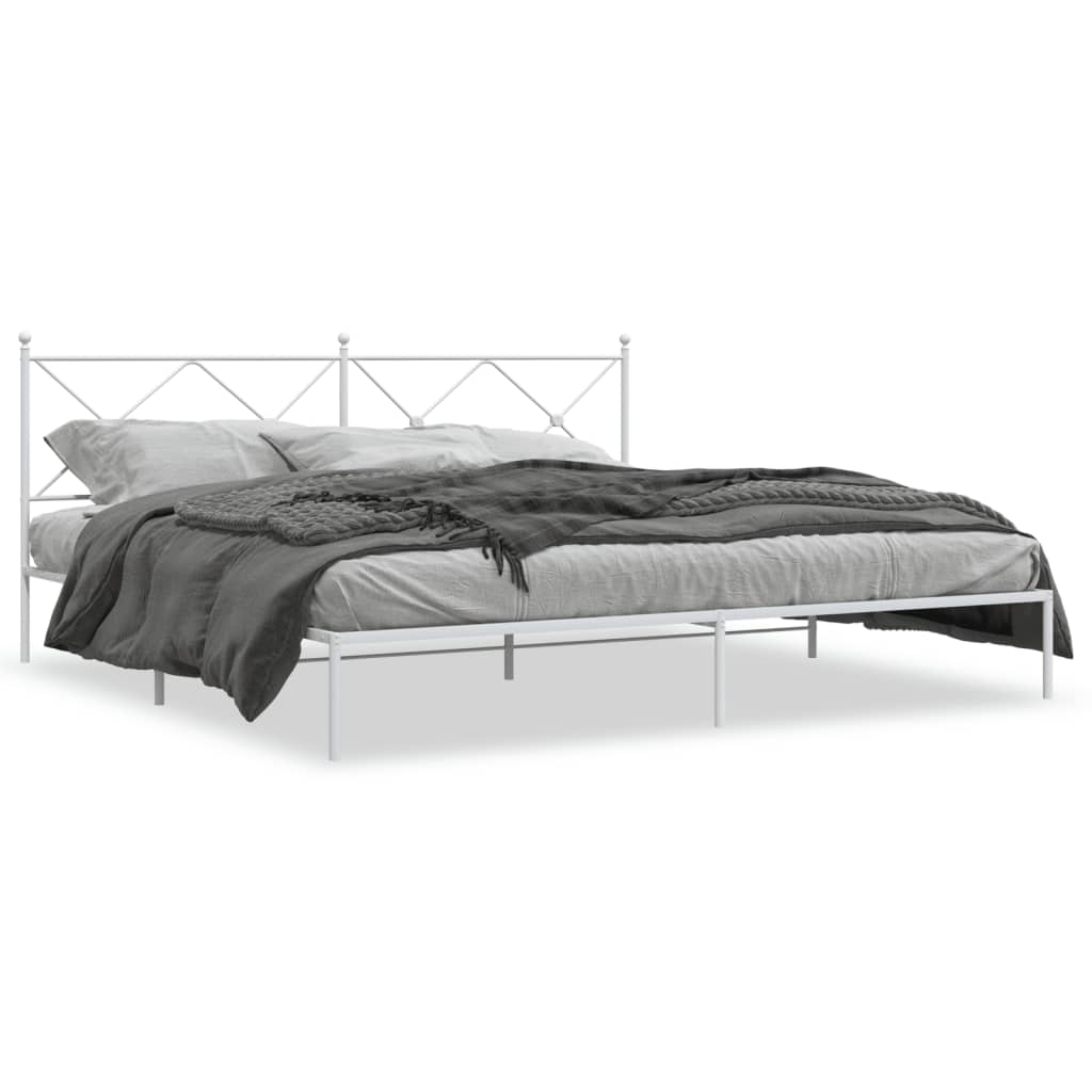 White Metal Bed Frame with Headboard - 193x203cm Durable Steel