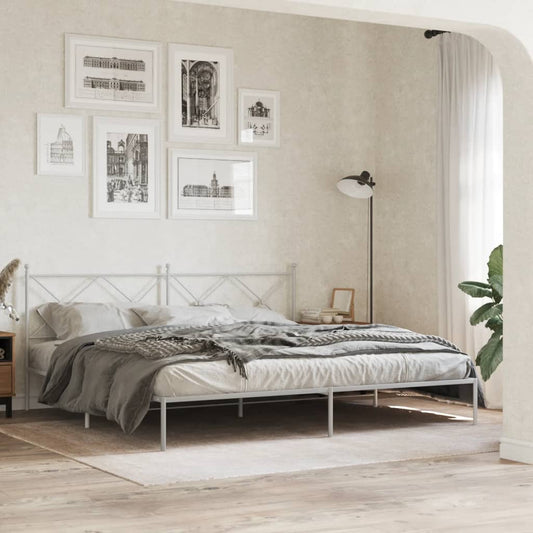 White Metal Bed Frame with Headboard - 193x203cm Durable Steel