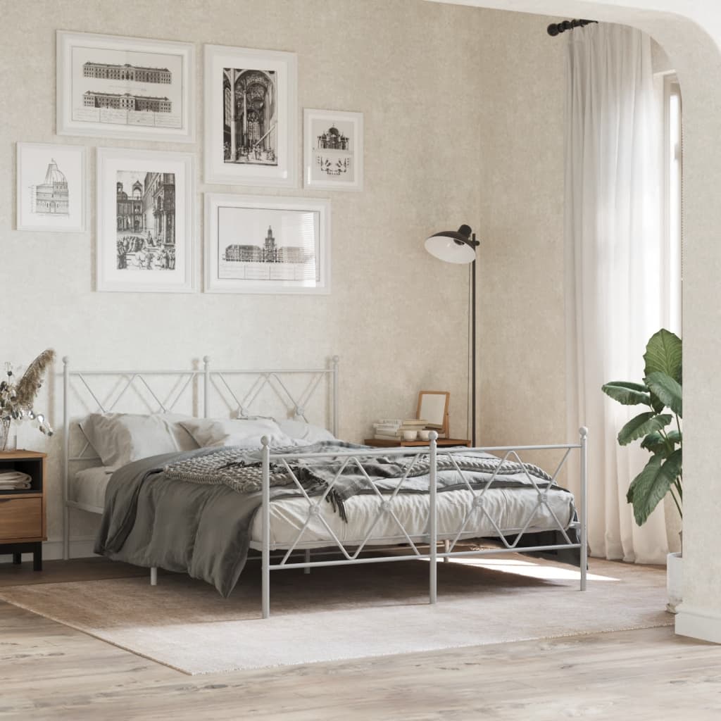White Metal Bed Frame with Footboard - 137x190cm, No Mattress