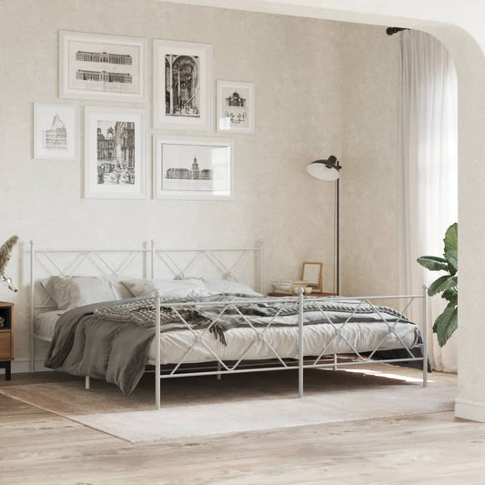 White Metal Bed Frame with Footboard - 183x213cm, Sturdy Design