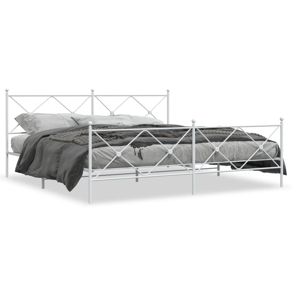 White Metal Bed Frame with Footboard, 193x203cm - No Mattress Included