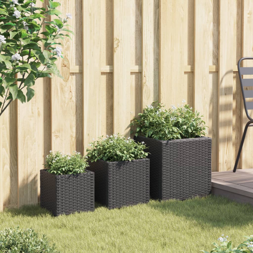 3-Piece Black Poly Rattan Garden Planters Set