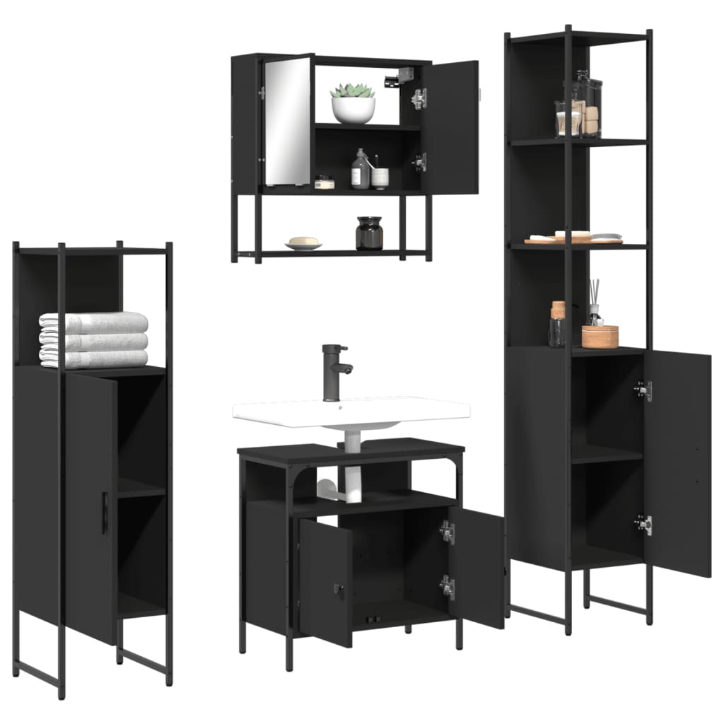 4 Piece Bathroom Furniture Set Black Engineered Wood