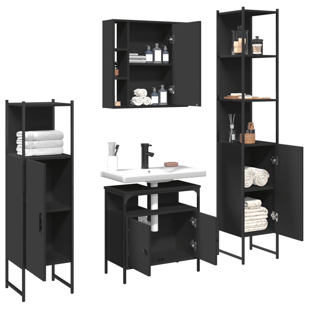 4 Piece Bathroom Cabinet Set Black Engineered Wood