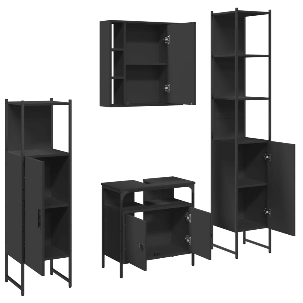 4 Piece Bathroom Cabinet Set Black Engineered Wood