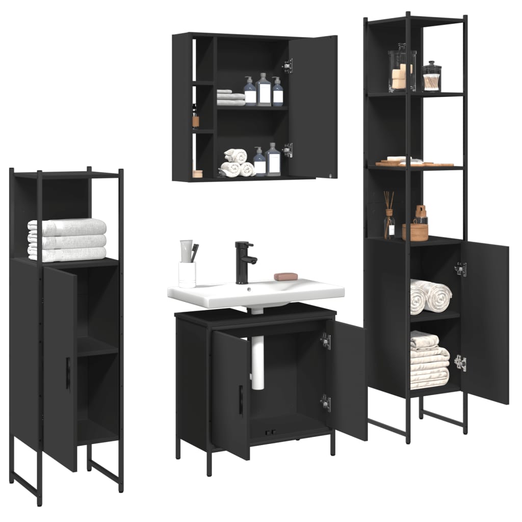 4 Piece Bathroom Cabinet Set Black Engineered Wood