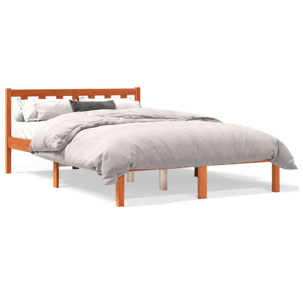 Solid Pine Double Bed Frame, Wax Brown, 135x190 cm, No Mattress