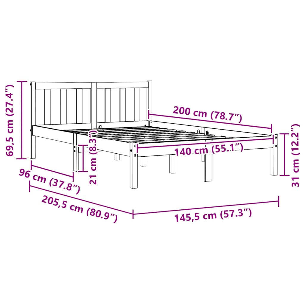 Solid Pine Bed Frame, Wax Brown 140x200 cm - No Mattress