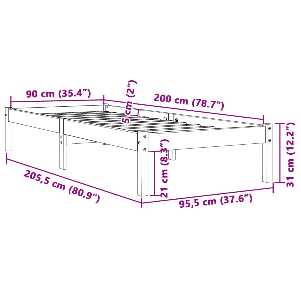 Solid Pine Bed Frame, Wax Brown, 90x200 cm - No Mattress Included