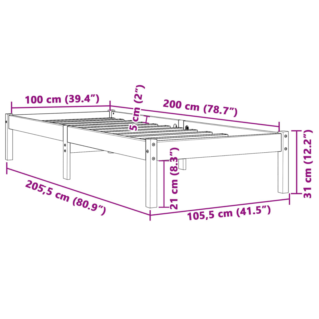 Solid Pine Bed Frame, Wax Brown, 100x200 cm (No Mattress)